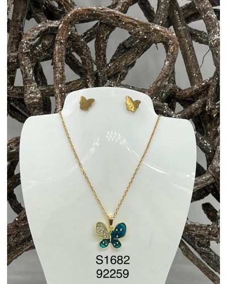 S1682: Set de Collar con Mariposa Azul y Cristales – Elegancia Vibrante